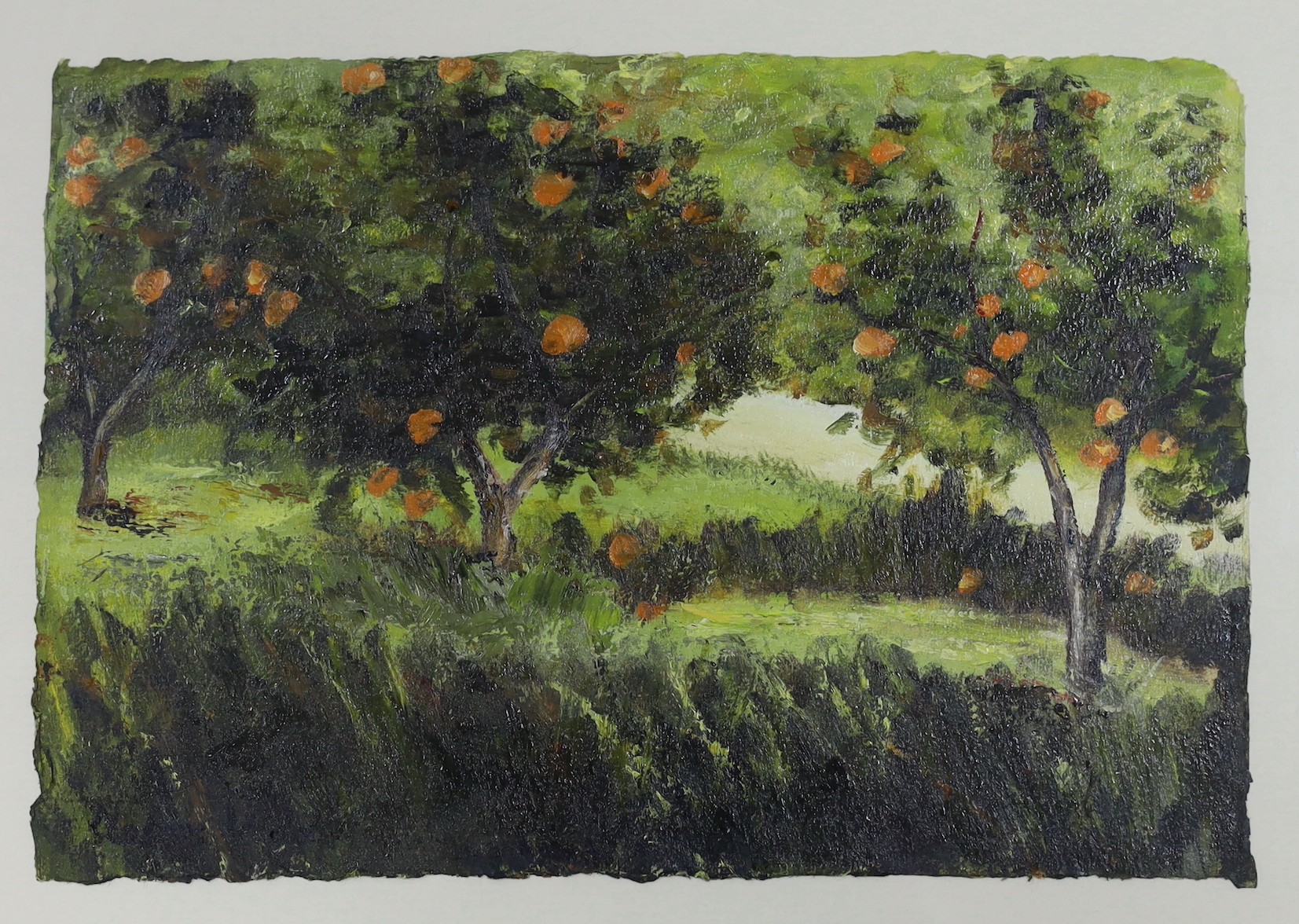 Contemporary English School, oil on board, Flower study, 37 x 20cm and an oil sketch of oranges